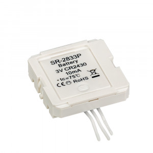 SR-2833P, Конвертер с радиомодулем встраивается в подрозетник и подкл-ся к двойной клавишной кнопке (контакты без фиксации). В качестве двойной кнопки обычно использ-ся клавишный перекл-ль для рольставней (краткое нажатие - вкл/выкл, длинное нажатие - диммирование)