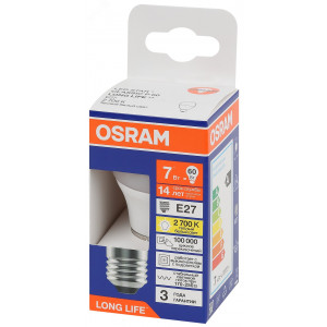 Лампа светодиодная LED 7Вт Е27 2700К 600Лм шар 220В (замена 60Вт) OSRAM 4099854186516