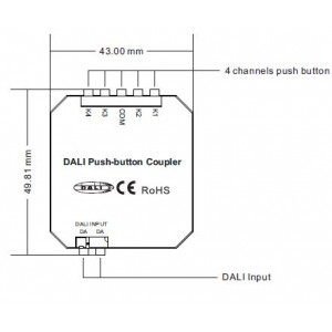 DALI-309-4-D2-IN, Миниатюрный встраиваемый конвертер DALI-2 для внешних кнопок, выключателей. Питание по шине DALI, 2.7mA, выход - сигнал DALI-2. входы кнопок свободного функционала. Назначение кнопок задается в мастер-контроллере серии DALI-LOGIC-x. 50х43х15мм