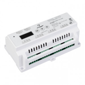 SMART-K18-DMX, Декодер DMX512 для трансляции DMX512 сигнала ШИМ(PWM) устройствам. Питание 12-36VDC. 12 каналов, ток нагрузки 12x5A, мощность нагрузки 720-1440-2160W. Входной сигнал DMX512, выходной сигнал ШИМ(PWM). Цифровой дисплей на корпусе, адрес устанавливается с по