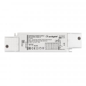 Блок питания ARJ-40-PFC-TRIAC-A (40W, 700-1050mA) 028185, Диммируемый источник тока по стандарту TRIAC с гальванической развязкой для светильников и мощных светодиодов. Входное напряжение 220-240 VAC. Выходные параметры: 27-38 В, 700-1050 mА, 40 Вт. Выбор значения тока осуществляется DIP-переключателем.