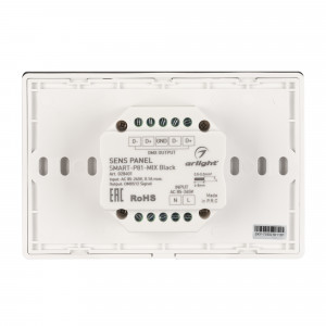 Панель Sens SMART-P81-MIX Black (230V, 4 зоны, 2.4G) 028401, Встраиваемая сенсорная панель 2.4 ГГц, цвет чёрный. Итальянский стандарт. Материал - стекло. Для управления мультибелыми (MIX/CCT) источниками света (ШИМ), 4 зоны управления. Функция управления DMX512 устройствами. Питание/рабочее напряжение AC 85-265V. Г