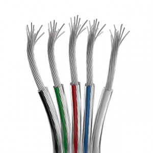 ARL-22AWG-CLEAR-5WIRE-CU, Шлейф для питания и управления RGBW светодиодными лентами. 5 проводников, калибр проводника 22AWG, сечение проводника 0.31 мм2, проводник из луженой меди, внешняя оболочка из прозрачного ПВХ. Длина кабеля в бухте — 50 метров.