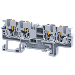 Проходная клемма CP4/4, Проходная клемма, тип фиксации провода: 4 точки подключения, push-in, номинальное сечение: 4 мм кв., 32A, 1000V, ширина: 6 мм, цвет: серый, тип монтажа: DIN 35