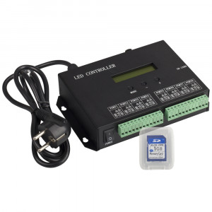 HX-803SA DMX, Контроллер для лент RGB «Бегущий огонь» и управляемых модулей, протокол SPI и DMX512. Напряжение 5–24 В, 8 выходных портов, до 8192 пикселей, запись программ на SD-карту (ПО LED Build). Размер 189x123x40 мм