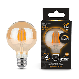 Лампа Filament G95 6W 620lm 2400К Е27 golden диммируемая LED 1/20 105802006-D