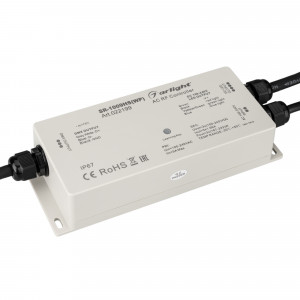 SR-1009HSWP, Герметичный IP67 контроллер RGB с RF управлением (пульт поставляется отдельно), выходом DMX512 и тиристорным выходом TRIAC/MOSFET с выпрямленным током DC. Мощность активной нагрузки (RGB-неон, лампы накаливания) макс.3х365 Вт. Полная мощность для электрон