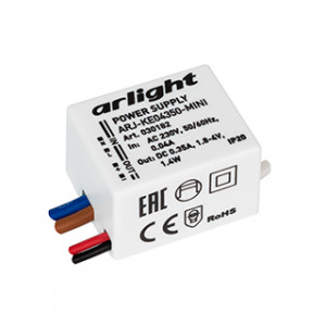 ARJ-KE04350-MINI, Источник тока с гальванической развязкой для светильников и мощных светодиодов. Входное напряжение 220-240 VAC. Выходные параметры: 1.8-4 В, 350 mА, 1.4 Вт. Встроенный PFC >0.4. Негерметичный пластиковый корпус IP 20. Габаритные размеры длина 34 мм, ширин