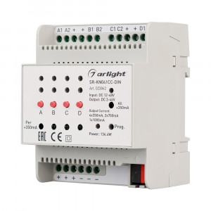 SR-KN041CC-DIN, Универсальный диммер стандарта KNX с токовым выходом для установки на DIN-рейку. Возможность ручного управления. Питание DC 12-48V, ток нагрузки 350/700/1000 mA на канал, 4/2/1 канала управления. Мощность 16.8-134.4 W. Размер 90х72х64.2 мм.