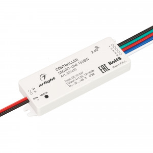 SMART-UNI-RGBW, Контроллер для мультицветной (RGBW) светодиодной ленты (ШИМ). Питание/рабочее напряжение 12-24VDC, максимальный ток 1.5A на канал, 4 канала, максимальная мощность 72-144W. Корпус - PVC. Габариты 64x23.5x8.5 мм. Управляется пультами и панелями серии SMART