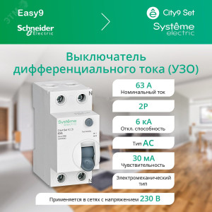 Выключатель дифференциального тока (УЗО) 2п 63А 30мА тип AC City9 Set 230В SE C9R36263