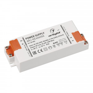 ARJ-KE40600A, Источник тока с гальванической развязкой для светильников и мощных светодиодов. Входное напряжение 220-240 VAC. Выходные параметры: 30-40 В, 600 mА, 24 Вт. Встроенный PFC >0.92. Негерметичный пластиковый корпус IP 20.
