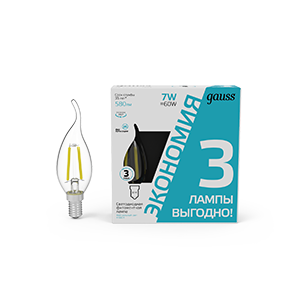 Лампа светодиодная филаментная Black Filament 7Вт свеча на ветру 4100К нейтр. бел. E14 580лм (уп.3шт) 104901207T