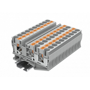 Проходная клемма TP10-3-GY, Проходная клемма, 3 точки подключения, тип фиксации провода: push-in, номинальное сечение: 10 мм кв., 57A, 1000V, ширина: 10,2 мм, цвет: серый, тип монтажа: DIN 35