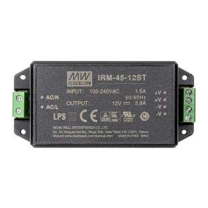 IRM-45-12ST, AC-DC, 45.6Вт, вход 85...305В AC 47...440 Гц, 120...430B DC, выход 12В/3.8А, изоляция 3000В AC, в корпусе на шасси, 109x52x33.5мм, -30...+70°C, винтовые зажимы