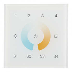 INTELLIGENT ARLIGHT Сенсорная панель DALI-901-11-4G-4SC-MIX-DT8-IN White (BUS/230V) 037198, Настенная встраиваемая стеклянная панель белого цвета с сенсорным управлением (сенсорное кольцо и 11 сенсорных кнопок) для светодиодных MIX-лент. 4 группы управления, 4 ячейки памяти пользовательских настроек. Питание от сети 230В, или от шины DALI