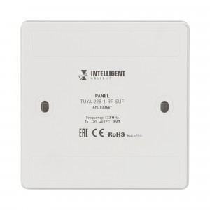 INTELLIGENT ARLIGHT Панель TUYA-228-1-RF-SUF (kinetic, 433MHz) 033667, Накладная клавишная белая пластиковая панель. Включение/выключение, диммирование одной группы света. Работает на частоте 433Мгц. Совместима с реле и диммерами серии TUYA-***-WF и TY-***-WF. Не требует питания, имеет встроенный кинетический источник питани