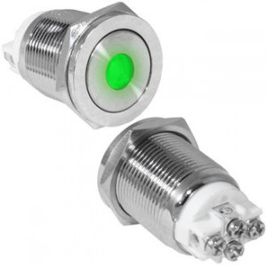 GQ19PF-10ZD/G/N OFF-ON, Антивандальная кнопка металлическая с фиксацией с зеленой подсветкой, посадочная резьба М19, контакты под винт