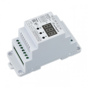 SMART-K36-DMX, Декодер DMX512 для трансляции DMX512 сигнала ШИМ(PWM) устройствам. Питание 12-24VDC. 4 канала, ток нагрузки 4x5A, мощность нагрузки 240-480W. Входной сигнал DMX512, выходной сигнал ШИМ(PWM). Цифровой дисплей на корпусе, адрес устанавливается с помощью кно