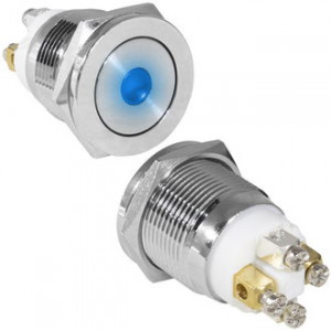 GQ19PF-10D/B/N OFF-(ON), Антивандальная кнопка металлическая без фиксации с синей подсветкой, посадочная резьба М19, контакты под винт