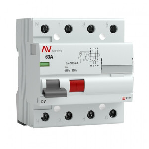 Выключатель дифференциального тока (УЗО) 4п 63А 300мА тип AC DV AVERES rccb-4-63-300-ac-av