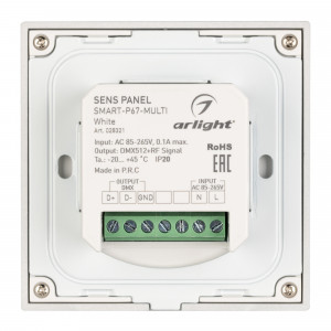 Панель Sens SMART-P67-MULTI White (230V, 4 зоны, 2.4G) 028321, Встраиваемая сенсорная панель 2.4 ГГц, цвет белый. Материал - стекло. Для управления RGB+MIX (5-канальными) источниками света (ШИМ), 4 зоны управления. Питание/рабочее напряжение AC 85-265V. Функция управления DMX512 устройствами. Габариты 86х86х36 мм. Па