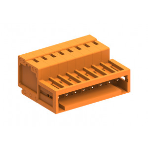 Вилочный разъем на кабель 438404, Вилочный разъем, прямой, на кабель, шаг: 3.81 мм, 4 полюса, фиксация на плате пайкой, исполнение: стандартное, 160V, 10A, цвет: оранжевый