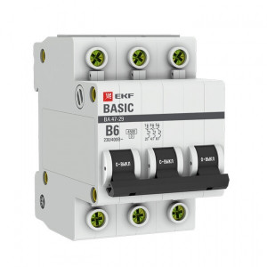 Автоматический выключатель 3P 6А (B) 4,5кА ВА 47-29 Basic mcb4729-3-06-B