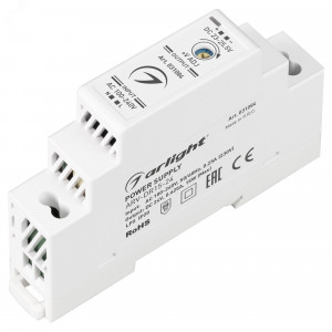 Блок питания ARV-DR15-24 (24V, 0.63A, 15W) 031084, Источник напряжения с гальванической развязкой для светодиодных изделий. Входное напряжение 100-240 VAC. Выходные параметры: 24 В, 0.625 А, 15 Вт. Негерметичный пластиковый корпус IP 20 для установки на DIN-рейку. Габаритные размеры длина 17.5 мм, ширина