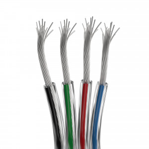 ARL-18AWG-CLEAR-4WIRE-CU, Шлейф для питания и управления RGB светодиодными лентами. 4 проводника, калибр проводника 18AWG, сечение проводника 0.84 мм2, проводник из луженой меди, внешняя оболочка из прозрачного ПВХ. Длина кабеля в бухте — 50 метров.