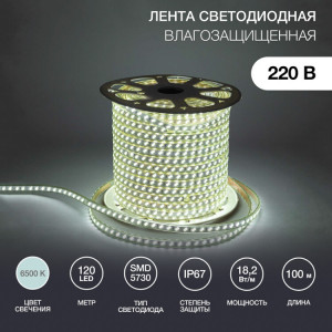142-703 LED лента 220 В, 6.5x17 мм, IP67, SMD 5730, 120 LED/m, цвет свечения белый, 100 м(кр.100