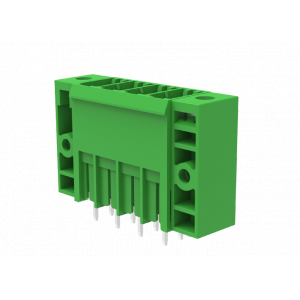 Вилочный разъем на плату MC-PHH7.62V03-F-0001, Вилочный разъем, вертикальный, на плату, шаг: 7.62 мм, 3 полюса, фиксация на плате пайкой, исполнение: три вывода на полюс, с монтажными фланцами, 630V, 41A, цвет: зеленый