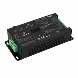 Декодер SMART-K55-DMX (12-24V, 5x6A, XLR3) 028449, Декодер DMX512 для трансляции DMX512 сигнала ШИМ(PWM) устройствам. Питание 12-24VDC. 5 каналов, ток нагрузки 5x6A, мощность нагрузки 360-720W. Входной сигнал DMX512 (XLR3, RJ45 терминальные клеммы), выходной сигнал ШИМ(PWM) (терминальные клеммы). OLED дис