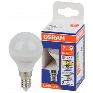 Лампа светодиодная LED 7Вт Е14 2700К 600Лм шар 220В (замена 60Вт) OSRAM 4099854186424