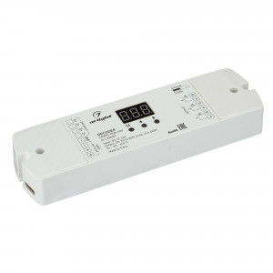 SMART-DMX-SUF, Декодер DMX512 для трансляции DMX512 сигнала ШИМ(PWM) устройствам. Питание 12-24VDC. 3 канала, ток нагрузки 3x6A, мощность нагрузки 216-432W. Входной сигнал DMX512, выходной сигнал ШИМ(PWM). Цифровой дисплей на корпусе, адрес устанавливается с помощью кно