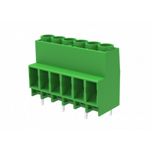 Клемма на плату MC-TH/F6.35H06C, Клемма, горизонтальный подвод кабеля, на плату, шаг: 6.35 мм, 6 полюсов, фиксация провода винтовая, исполнение: выводы в шахматном порядке, 1000V, 41A, цвет: зеленый