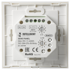 INTELLIGENT ARLIGHT Сенсорная панель DALI-901-11-ADDR-3SC-DIM-DT6-IN White (BUS) 037190, Встраиваемая сенсорная панель с выходом DALI. Управление 4-мя зонами. Каждая зона = 1 адрес DALI. Адреса расположены последовательно (например, 01, 02, 03, 04). Установка адресов управления выполняется переключателями на корпусе. Питание DC 12-24В.