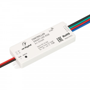 SMART-UNI-RGB, Контроллер для мультицветной (RGB) светодиодной ленты (ШИМ). Питание/рабочее напряжение 12-24VDC, максимальный ток 2A на канал, 3 канала, максимальная мощность 72-144W. Корпус - PVC. Габариты 64x23.5x8.5 мм. Управляется пультами и панелями серии SMART (по