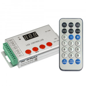 HX-802SE-2, Контроллер для лент RGB «Бегущий огонь» и управляемых модулей, протокол SPI и DMX512. Функция записи адресов DMX микросхем. Напряжение 5–24 В, 4 выходных порта, до 6144 пикселей, запись программ на SD-карту (ПО LED Build), ИК ПДУ (батарея LR1130) в компл