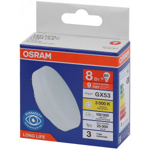 Лампа светодиодная LED 8Вт GX53 3000К 640Лм спот 220В (замена 60Вт) OSRAM 4099854185694