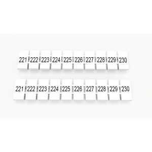ZB5-10P-19-234Z(H), Маркировочные шильдики для клемм WS…, DC…, PC…, сечением 2,5 мм кв., центральная, 10 шильдиков, нанесенные символы: 221-230 с вертикальным расположением, размер шильдика: 4,55х10,7 мм, цвет белый