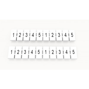 ZB5-10P-19-295Z(H), Маркировочные шильдики для клемм WS…, DC…, PC…, сечением 2,5 мм кв., центральная, 10 шильдиков, нанесенные символы: 1 2 3 4 5 с вертикальным расположением, размер шильдика: 4,55х10,7 мм, цвет белый