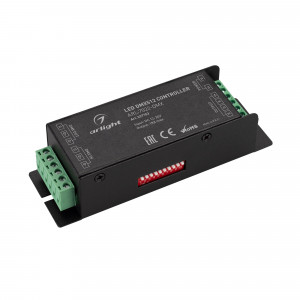 Декодер ARL-7022-DMX (12-24V, 1x25A, DMX512) 027152, Декодер сигнала DMX512 в ШИМ (PWM). Напряжение питания DC 12-24V, 1 канал управления, ток нагрузки до 25А, максимальная мощность 300-600W, винтовые клеммы. Адреса устанавливаются DIP-переключателями на корпусе. Габариты 127х42х33 мм.