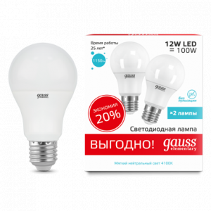 Лампа LED Elementary A60 12W E27 4100K 1/50 (2 лампы в упаковке) 23222P