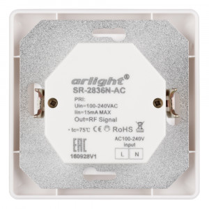 Панель Rotary SR-2836N-A-RF-IN (220V, DIM) 022155, Встраиваемая пластиковая поворотная панель для с/д одноцветных лент. Управление по радиоканалу. Питание - 100-240V AC. Работает вместе с контроллером SR-1009x.