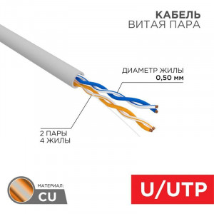 Кабель витая пара  UTP 2PR 24AWG, внутренний без экрана, CAT5e, одножильный, бухта 305м