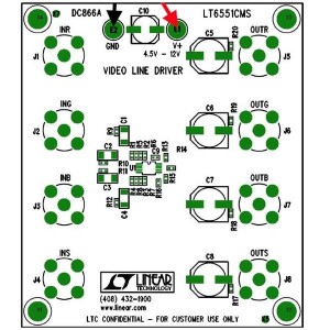 DC866A, Средства разработки интегральных схем (ИС) усилителей LT6551CMS - VIDEO LINE DRIVER, V+ = 4.5V