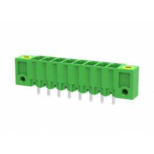 Вилочный разъем на плату MC-PA3.5V06-F, Вилочный разъем, вертикальный, на плату, шаг: 3.5 мм, 6 полюсов, фиксация на плате пайкой, исполнение: с монтажными фланцами, 160V, 8A, цвет: зеленый