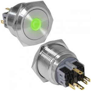 GQ28-11D/G/N ON-(OFF)+OFF-(ON), Антивандальная кнопка металлическая без фиксации с подсветкой, посадочная резьба М28, контакты под пайку