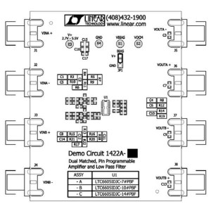 DC1422A-A, Средства разработки интегральных схем (ИС) усилителей LTC6605-7 - Dual Matched 7MHz Low Noise,